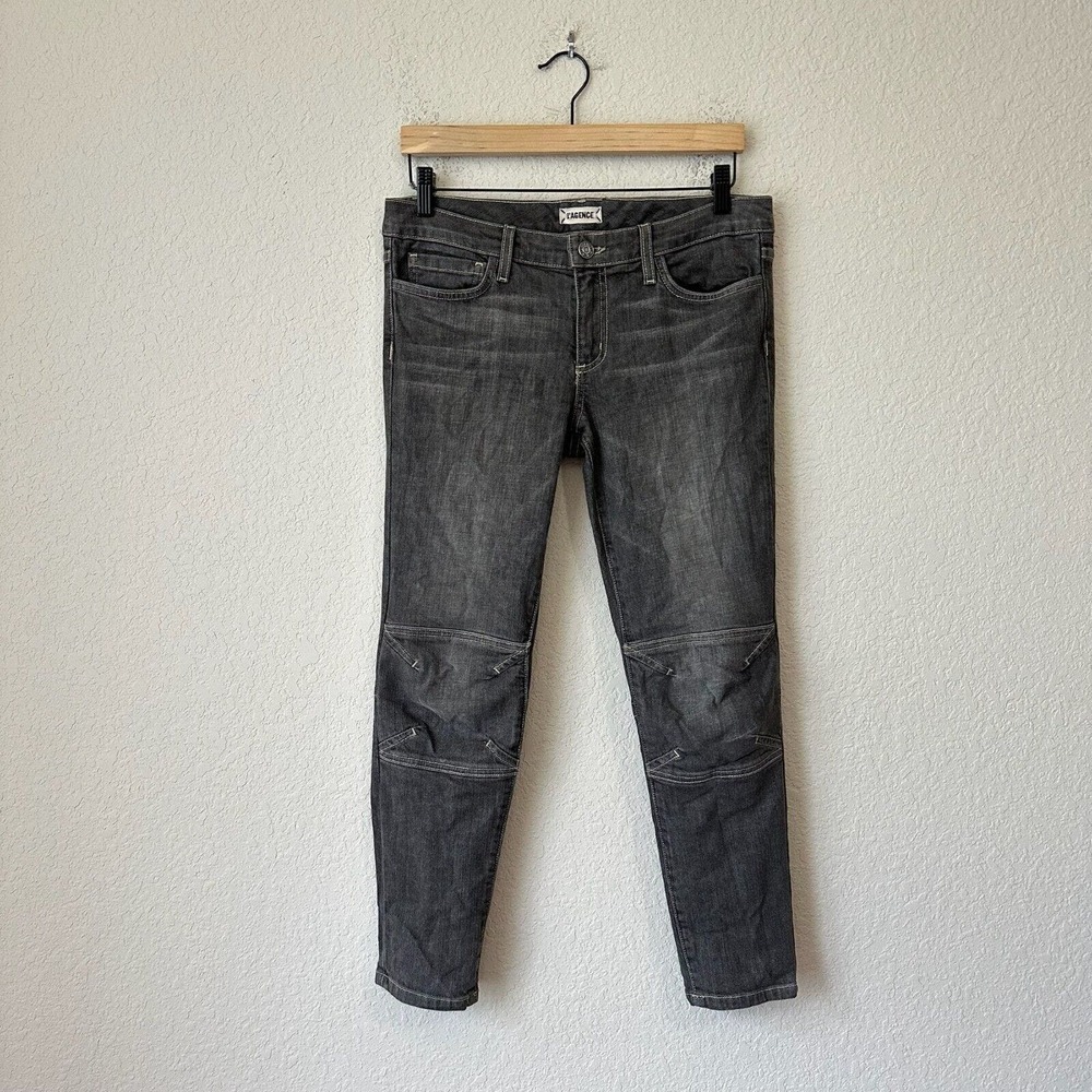 L'AGENCE Low-Rise Knee-Patch Straight Leg Jeans in Washed Black